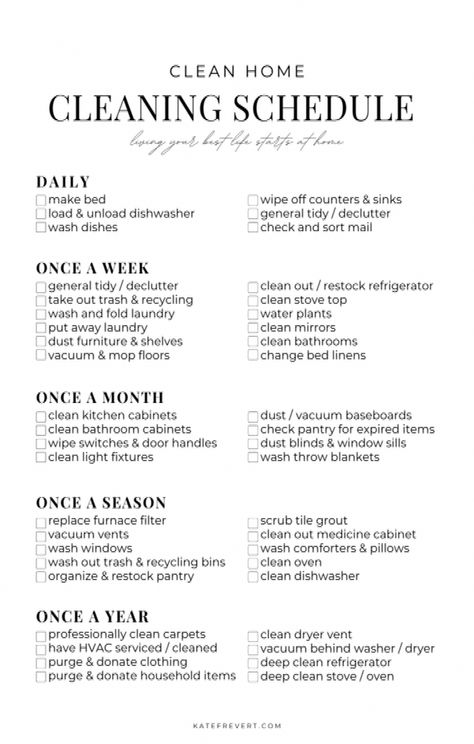 Realistic Cleaning Schedule to Always Keep a Clean Home - KATE FREVERT #Ideas #Home #CreativeIdeas #Schedule #Guide #HomeTrends #Inspo #Creating #a #Cleaning #Ultimate #The #for #to #a #Tidy #Trends Realistic Cleaning Schedule, Life Checklist, House Cleaning Schedule, House Manager, Dusting Blinds, Household Cleaning Schedule, Cleaning Baseboards, Organizing Life, Clean Kitchen Cabinets