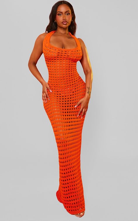 Shape Orange Crochet Halterneck Open Back Dress Crochet Mini Dress Summer, Crochet Birthday Dress, Crochet Maxi Dresses, Orange Crochet Dress, Knitted Dresses For Women, Maxi Dress Crochet, Crochet Gown, Crochet Dress Outfits, Hourglass Dresses