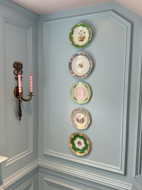 My collection of english cake plates. Decorative Plate Wall Display, Gallery Wall With Plates And Pictures, Vintage Plate Wall Decor, Plates And Mirror On Wall, Display Plates On Wall, China On Wall, Mirror With Plates On Wall, Plates Around Mirror, Plates On Wall In Kitchen