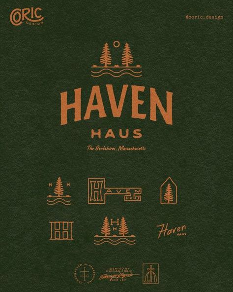 Damjan I Brand Identity on Instagram: "🏠 Logo design for a rental property in The Berkshires managed by Stay at Our Haus. The client, Andrew, envisioned a classic, masculine logo that will attract people looking for a vacation spot in nature where they can enjoy ample outdoor activities and farm-to-table food. 🌲 I created an organic, earthy design that features two pine trees, the sun, and a stream that flows near the residence. The overall style is vintage, but clean and professional, with hand-drawn type that amplifies the welcoming, warm feel. The primary color palette consists of pine green and muted orange to instantly communicate that Haven Haus is located near the forest, surrounded by breathtaking mountain scenery. 🚀 Once the master logo was finalized, we expanded the concep Logos, Craftsman Logo Design, Outdoor Logos Design, Outdoor Logo Design Ideas, Mountain Modern Design, Rugged Logo Design, Outdoor Company Branding, Logos With Trees, Pine Logo Design