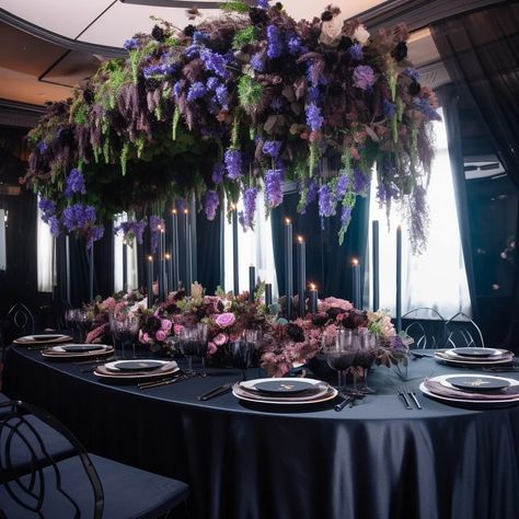 hydrangea black tablecloth, purple flowers, presidium wedding purple wedding black and purple Wisteria And Black Wedding, Black Purple Wedding Decor, Lilac And Dark Blue Wedding, Maleficent Themed Wedding, Wedding Ideas Black And Purple, Lavender And Black Quinceanera Ideas, Black Gold And Lavender Wedding, Black Gold Purple Green Wedding, Black Lavender Wedding