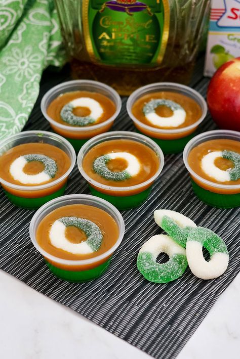 Caramel Apple Jello Shots With Crown Royal Apple - Koti Beth Halloween Shotcuterie, Crown Royal Apple Jello Shots, Crown Jello Shots, Caramel Apple Jello Shots, Apple Jello Shots, Caramel Apple Shots, Spooky Sleepover, Peach Jello Shots, Yummy Shots