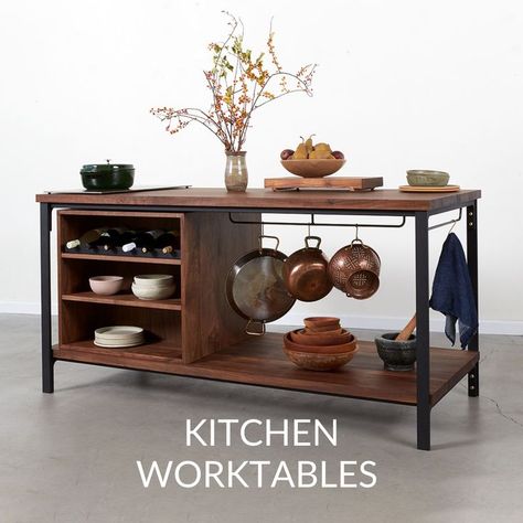 Kitchen worktables by Ingot Furnishings Diy Kitchen Prep Table, Solid Wood Kitchen Island, Metal And Wood Kitchen Island, Metal Kitchen Island Ideas, Large Kitchen Work Table, Metal And Wood Cabinets, Kitchen Island Metal Frame, Kitchen Island Work Table, Alternative Kitchen Island