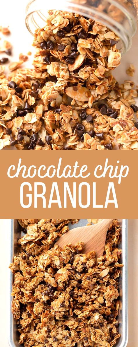 homemade chocolate chip granola in a jar and on a sheet pan Granola Recipe Chocolate Chip, Vanilla Chocolate Chip Granola, Homemade Granola Chocolate Chip, Granola With Chocolate Chips, How To Make Granola At Home, Homemade Soft Granola, Vegan Cookies Recipes Healthy, Gronala Recipes Easy, Homade Granola