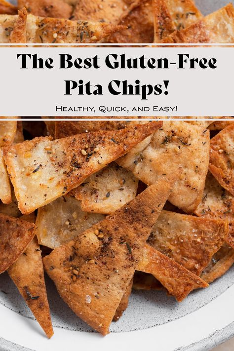 Homemade Gluten-Free Pita Chips - learn how to make crunchy pita chips from pita bread! It's easier than you might think! You only need three ingredients and a hot oven! Less than 30 minutes to make. These pita chips are the perfect appetizer served with hummus or a great snack eaten on their own! Add different spices and make them your own, the possibilities are endless! #pitachips #homemadepitachips #glutenfreepita