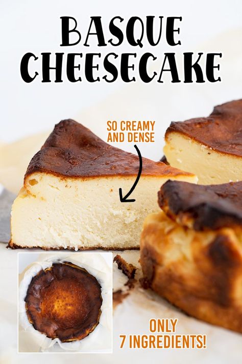 Dense Cheesecake Recipe, Basque Recipes, Basque Cake, Burnt Basque Cheesecake, Photo With Text, Basque Food, Basque Burnt Cheesecake, Cheesecake Slice, Basque Cheesecake