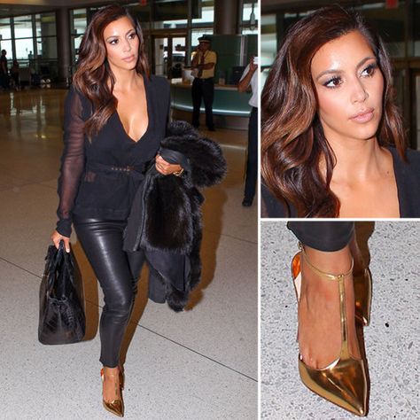 Kim kardashian doing it right Gold Pumps Outfit, Pumps Outfit, Celebrity Shoes, Jeans Street Style, Ford Black, Black Leather Leggings, Gold Pumps, Popsugar Fashion, Clothes Pictures