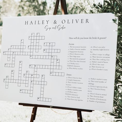 Custom Wedding Crossword Extra Large Minimalist Sip and Solve Puzzle Wedding Crossword Puzzle Sign, Large Crossword Puzzle Wedding, Puzzle Seating Chart Wedding, Cocktail Hour Crossword Puzzle, Crossword Wedding Ideas, Giant Crossword Puzzle Wedding, Reception Activities For Guests, Wedding Sip And Solve, Sip And Solve Wedding Crossword Questions