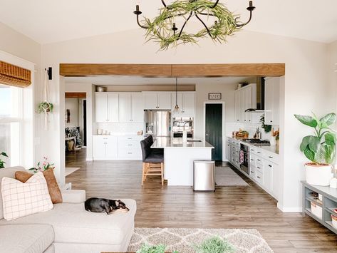 Beam In Living Room Ceiling, Adding Ceiling Beams, Adding Faux Beams To Ceiling, Wood Beam In Kitchen, Adding Beams To Ceiling, Adding Wood Beams To Ceiling, Beam In Ceiling, Wood Cased Opening, Faux Beams Living Room