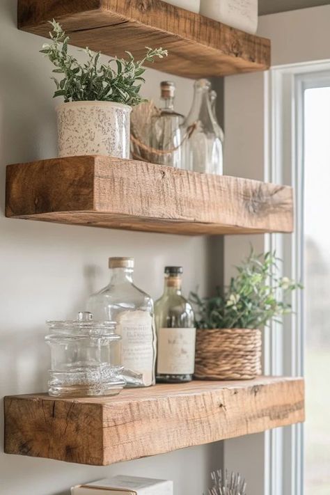 "Maximize storage and style with DIY Floating Wood Shelves! ��🛠️🪵 Perfect for adding a modern touch to any room while showcasing your favorite decor. 🌟✨ #DIYHomeDecor #FloatingShelves #WoodCrafts" Natural Wood Floating Shelves, Natural Wood Shelves, Dining Room Shelves, Small Space Solutions, Wood Floating Shelves, Wood Shelves, Reclaimed Wood, Floating Shelves, Natural Wood