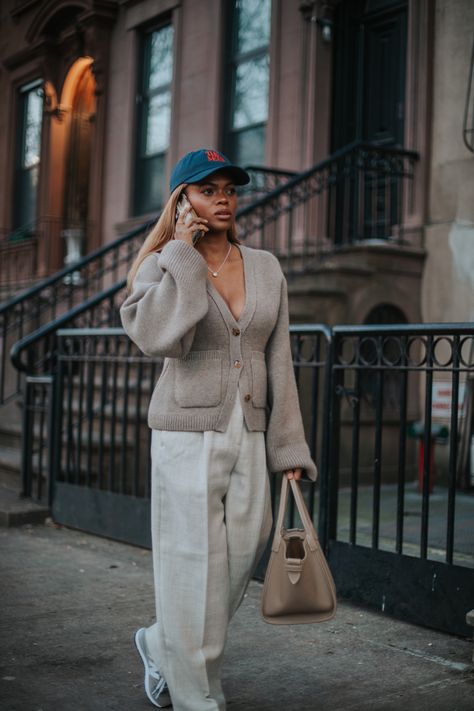 Khaite Scarlet Cardigan Barley Cardigan With Silk Dress, Sweater Button Up Outfit, Cardigan Outfit Street Style, Khaite Style, Khaite Outfit, Cardigan Styling, Khaite Street Style, Old Money Cardigan, Cardigan Sweater Outfit