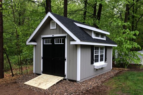 Grey Shed, Shed Exterior Ideas, Cottage Photos, Cottage Shed, Shed Design Ideas, Sheds Ideas, Sheds Ideas Backyard, Small Shed, Decorative Shutters