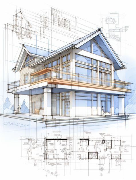 A comprehensive engineering blueprint for a sustainable energy-efficient home. Include the house's detailed mechanical design. Engineering Drawing Design, Blueprints House Floor Plans, House Sketch Architecture, House Design Sketch, Modern House Sketch, Architect Blueprint, Architectural Blueprint, Types Of Perspective, Home Sketch