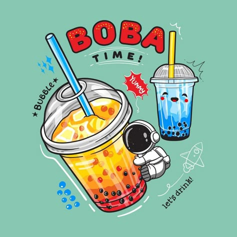 Bubble tea banner poster. Bubble tea with fruits and berries Milkshake smoothie and cartoon astronaut hugging the plastic cups. Great for flyers, posters, cards. Vector illustration Boba Tea Drawing, Aesthetic Boba Tea, Bubble Tea Poster, Boba Tea Art, Boba Tea Aesthetic, Boba Logo, Aesthetic Boba, Tea Vector, Bubble Fruit