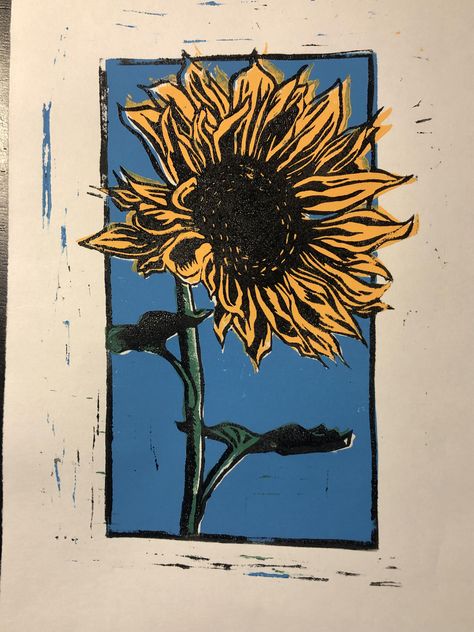 Sunflower Linocut Sunflower Linocut Print, Sunflower Lino Print, Sunflower Linocut, Sunflower Collage, Sunflower Stamp, Sunflower Coloring, Sunflower Aesthetic, Printmaking Projects, Sunflower Illustration