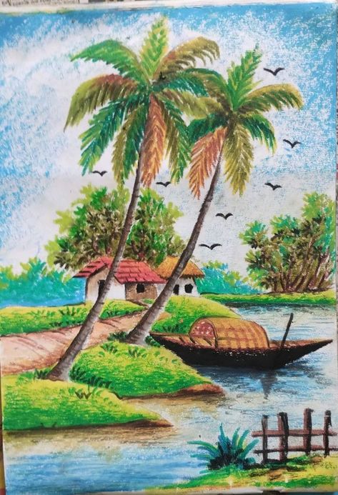 Village Scene Drawing, Scenery Drawing For Kids, Simple Draw, Easy Scenery Drawing, Oil Pastel Drawings Easy, Buddhist Art Drawing, Drawing Scenery, Oil Pastel Colours, Kids Canvas Art