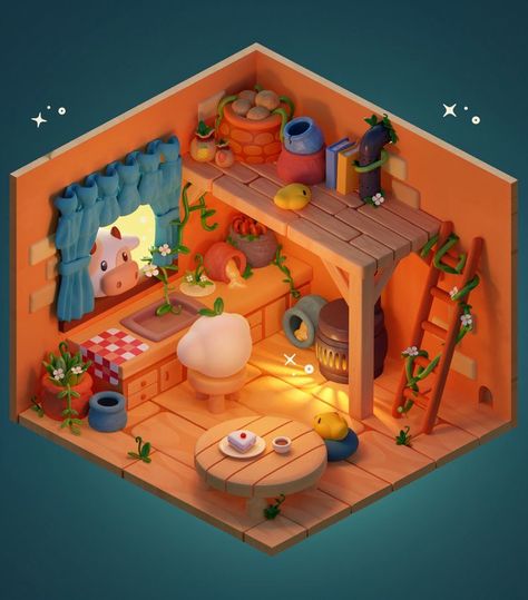 Isometric Room, Farmhouse Artwork, Isometric Art, Isometric Design, Blender Tutorial, Low Poly Art, 3d Artwork, Game Concept, 3d Modelling