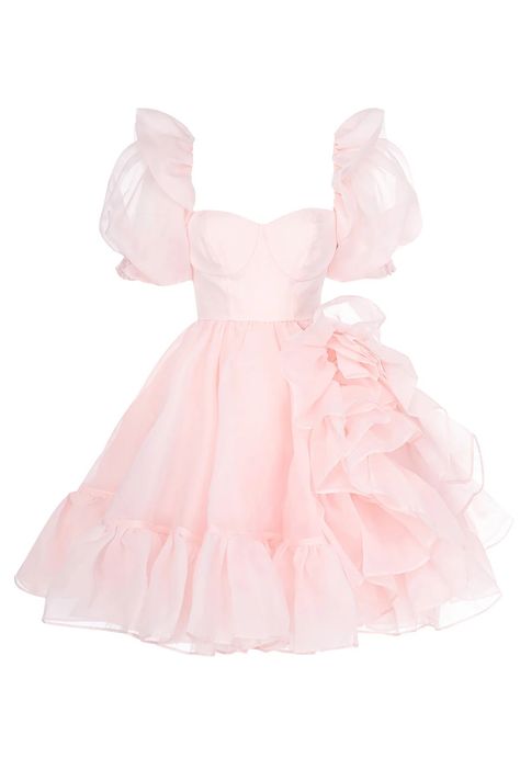 Gaun Tulle, Bloom Dress, Ruffles Top, Pretty Prom Dresses, Lined Skirt, Pink Outfits, The Castle, Puffed Sleeves, Pink Outfit