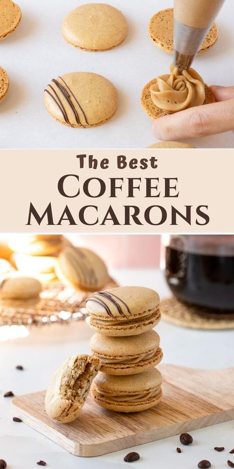 coffee macarons being filled and stacked Foods That Go With Coffee, Coffee Macaroons Recipe, Mini Coffee Desserts, Pastries That Go With Coffee, Shelf Stable Macaron Filling, Chocolate Coffee Macarons, Coffee Themed Desserts, Coffee Macarons Recipe, Coffee Party Food