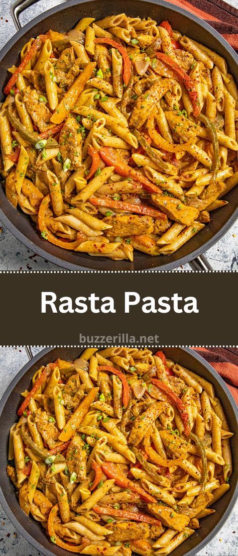 Rasta Pasta Jamaican Rasta Pasta Recipe, Rasta Pasta Recipe, Rasta Pasta, Easy Pasta Dinner, Green Bell Pepper, Seafood Appetizers, Scotch Bonnet, Spice It Up, Jamaican Recipes