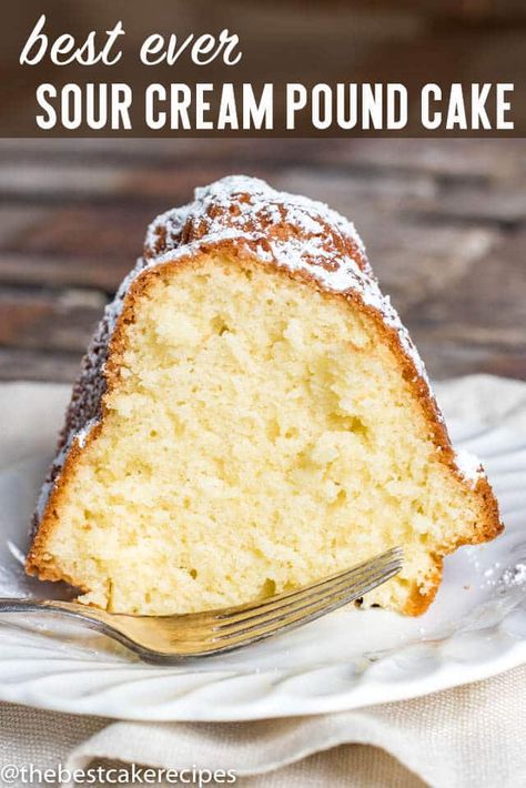 Sour Cream Pound Cake is a traditional bundt cake that is easy to make. It's simple flavor makes the cake a great base to fruit toppings and ice cream!  #cake #poundcake #dessert #sourcream #recipe via @thebestcakerecipes Easy Sour Cream Pound Cake Recipe, Bundt Recipes, Easy Bundt Cake, Sour Cream Pound Cake, Sour Cream Cake, Cream Cheese Pound Cake, Pound Cake Recipe, Fruit Toppings, Pound Cakes