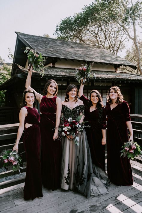 Samhain Wedding Ideas, Goth Wedding Bridesmaid Dresses, Witchy Lesbian Wedding, Witchy Bridesmaids, Gothic Bridesmaids, Halloween Wedding Dresses, Witchy Wedding, Maroon Bridesmaid, Gothic Wedding Theme