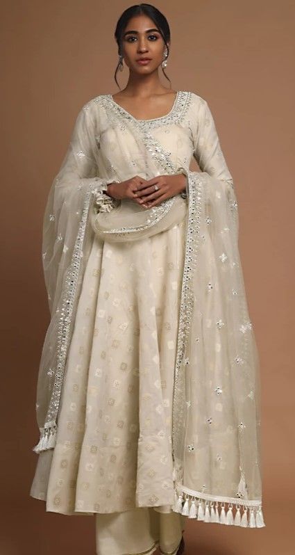 Cream Anarkali Suits, Chanderi Silk Anarkali Suits, Cream Indian Suit, Cream Salwar Suit, Beige Anarkali Suits, Mirror Work Anarkali Dresses, Shankar Parvati, Simple Anarkali Suits, Mirror Work Anarkali