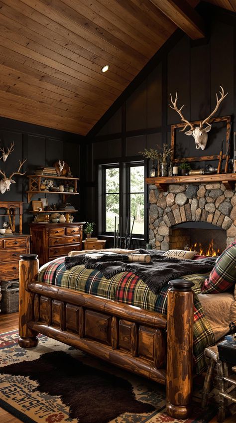 Rustic Bedroom Hunting Lodge Interiors Rustic, Cabin Master Bed, Rustic House Bedroom, Hunting Bedroom Ideas, Medieval Room Aesthetic, Modern Hunting Lodge, Game Trophies, Hunting Cabin Interior, Hunting Lodge Interiors