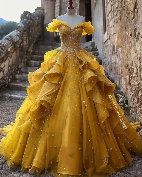 Big Yellow Dress, Quinceanera Dresses Yellow, Yellow Princess Dress, Belle Ball Gown, Yellow Ballgown, Yellow Ball Gown, Belle Gown, Beauty And Beast Wedding, Yellow Wedding Dress