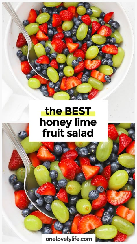 Honey Lime Fruit Salad is the BEST favorite fruit salad recipe! This easy side dish is perfect for busy weeknights, summer barbecues, picnics, potlucks & more! Made from a combination of green grapes, fresh strawberries, fresh blueberries, and an easy honey lime dressing, it's always a crowd favorite! Get the recipe and more fruit salad recipes to try at One Lovely Life. Fruit Salad With Mint And Honey, Bbq Fruit Salad, Fruit Salad Honey Lime Dressing, Easy Fresh Fruit Salad, Small Fruit Salad, Fresh Berry Salad, Fruit Salad Charcuterie Board, Fresh Fruit Recipes Healthy, Best Fruit Recipes