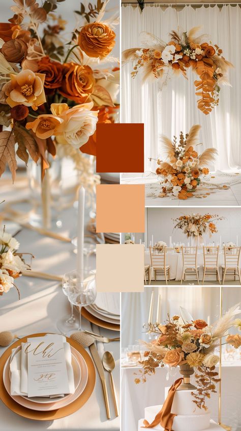 Embrace the essence of modern chic this fall with sleek lines, metallic accents, and minimalist elegance. Infuse your wedding with contemporary flair amidst the rich colors of autumn for a celebration that’s both sophisticated and timeless. Fall Wedding Themes, Fall Wedding Planning, Unique Fall Wedding, Teal Wedding Cake, Unique Event Decor, Rusting Wedding, Wedding Color Pallet, Fall Wedding Color Palette, Wedding Theme Ideas