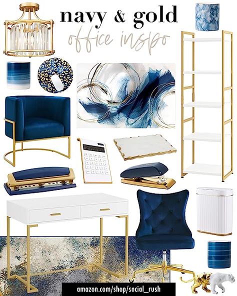 Navy And Gold Office, White Gold Office, Office Mood Board, Blue Office Decor, Navy Blue Office, Blue And Gold Living Room, Navy Blue Rooms, Blue And Gold Bedroom, Navy Office