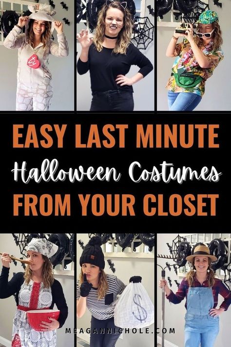 Need some Halloween costume idea inspiration? Here, you'll learn how to create the easiest last-minute Halloween Costume ideas straight from your closet. These easy DIY halloween costume tips are perfect for that last minute invitation. We know you will get inspired by our list of cute halloween costumes. Get free last minute halloween costume ideas straight from your closet at MeaganNichole.com Costume Ideas From Your Closet, Halloween Costumes From Your Closet, Costumes From Your Closet, Easy Last Minute Halloween Costumes, Last Minute Halloween Costume Ideas, Punny Costumes, Last Minute Halloween Costume, Halloween Diy Outdoor, Great Halloween Costumes