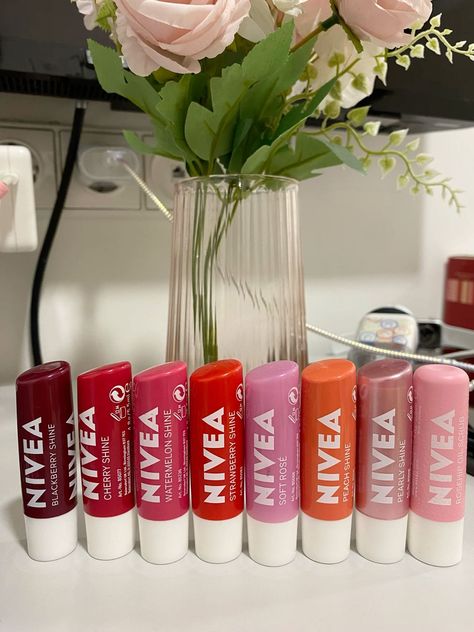 nivea lip balms Nivea Lip Gloss, Nivea Lip Balm Swatch, Nivea Chapstick, Lip Balm Nivea, Lip Gloss Aesthetic, Nivea Lip Balm, Cherry Lip Balm, Effaclar Duo, Cherry Strawberry