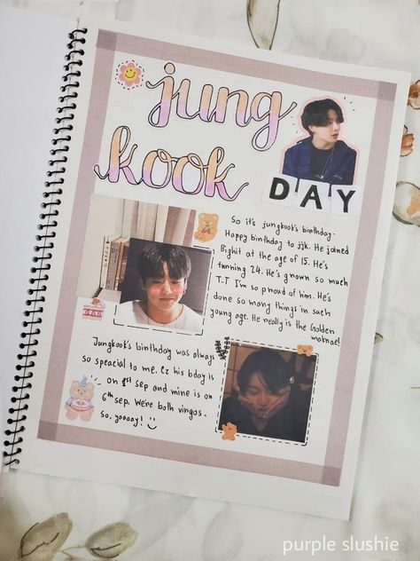 A journal spread on koo's birthday Jungkook Birthday Journal Ideas, Happy Birthday Journal Aesthetic, Kpop Birthday Journal, Jungkook Journal Ideas, Jungkook Journal, Birthday Bullet Journal, Jimin Birthday, Learn Korean Alphabet, Bts Birthdays