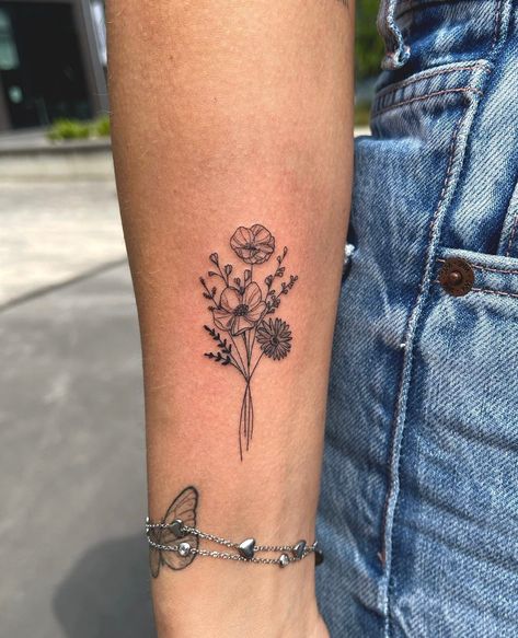 August Tattoos Birth Month, August And October Birth Flower Tattoo Together, Month Of May Tattoo, Birth Flower Tattoo Arm Placement, Masculine Flowers Tattoo, Aster And Violet Tattoo, Connecting Flower Tattoos, Wrist Birth Flower Tattoo, Birth Flower Side Tattoos