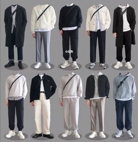 Old School Dressing For Men, Mens Outfit Collage, Mens Clothing Styles Color Combinations, Mens Fall Casual Outfits, Color Combinations For Clothes For Men, Black And White Men Outfit, Korean Fashion Men Casual Outfit, Best Color Combinations Outfits, Clothes Color Combinations