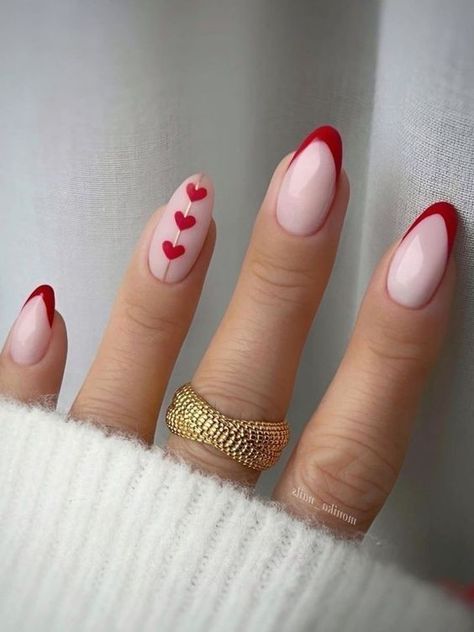 Red Tip Nails, Vday Nails, Bridesmaids Nails, February Nails, Nail Designs Valentines, Oval Nails, Dipped Nails, Heart Nails, Chic Nails