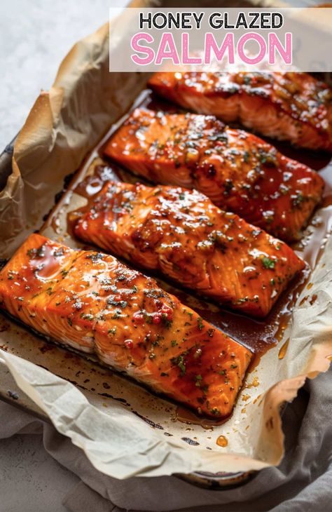 Get restaurant-quality honey glazed salmon at home! This recipe delivers tender, flavorful fish every time Salmon Broiled In Oven, Yummy Dinner Recipes Healthy, Oven Baked Honey Garlic Salmon, Honey Glaze For Salmon, Bake Salmon In Oven Recipes, Sweet Glazed Salmon, Baked Glazed Salmon, Honey Glaze Salmon Recipes, Sweet Salmon Glaze