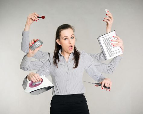 Woman multitasking her work. Young attractive brunette with six arms multitasking her work, gray backgound royalty free stock photos Multitasking Woman, Voluminous Ponytail, Brain Boost, Personal Growth Motivation, Stock Photos Woman, Hand Images, Alternative Therapies, Fish Tail Braid, Multi Tasking