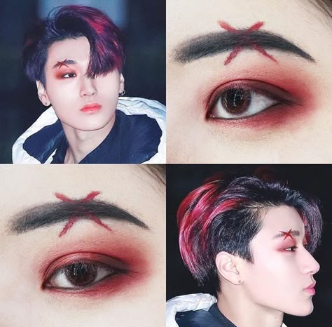 Kpop Mens Makeup, Kpop Guy Makeup, Vampire Kpop Idols, Ateez Concert Makeup Ideas, Ateez Concert Makeup, Ateez Inspired Makeup, Ateez Makeup Looks, Male Korean Makeup, Kpop Concert Makeup Ideas