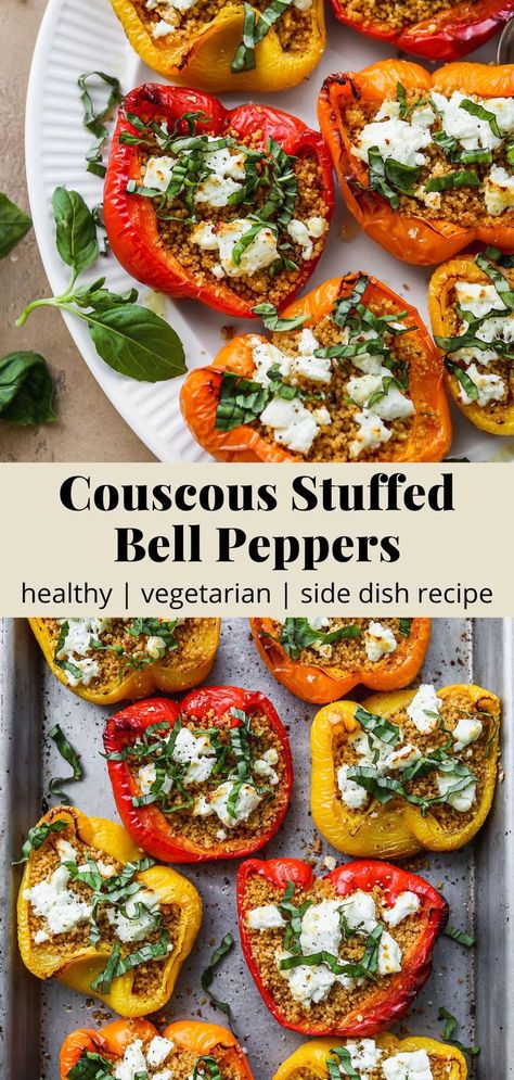 Vegetarian couscous stuffed bell peppers with goat cheese and basil. Couscous, Stuffed Peppers Vegetarian, Vegetarian Couscous, Couscous Stuffed Peppers, Healthy Stuffed Bell Peppers, Pearl Couscous Recipes, Vegetarian Side Dish Recipes, Vegetable Side Dishes Healthy, Healthy Breakfast Meal Prep