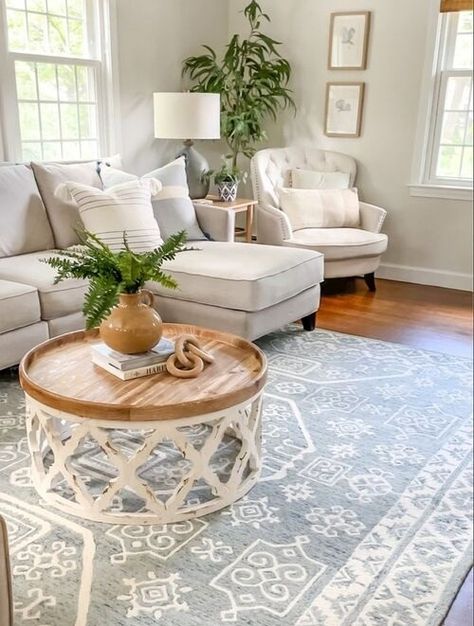 27 Neutral Coastal Living Room Ideas to Refresh Your Home Breezy Living Room Ideas, Cream Beige Blue Living Room, Light Blue Home Decor Living Room, Beach Condo Rugs, Blue Gray Rug Living Room, Accent Chair With Beige Couch, Living Room Coastal Grandmother, Living Room Designs With Blue Accents, Light Blue Coastal Living Room