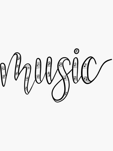 "Music" Sticker by charlysey278 | Redbubble Music In Calligraphy, Music Border Design Aesthetic, Music Subject Design, Musical Border Design, Stickers Vintage Printable, Music Drawings Aesthetic, Music Aesthetic Stickers, Music Doodles Aesthetic, Music Logo Aesthetic