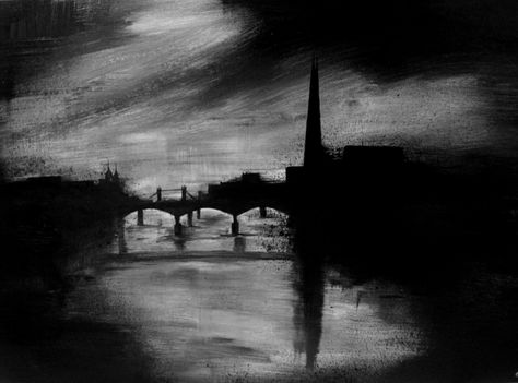 A john virtue inspired piece of the view from the millennium bridge in London. John Virtue Landscapes, John Virtue, Monochrome Painting, Millennium Bridge, Naive Illustration, Observational Drawing, Art Charcoal, Urban Landscapes, Gcse Art