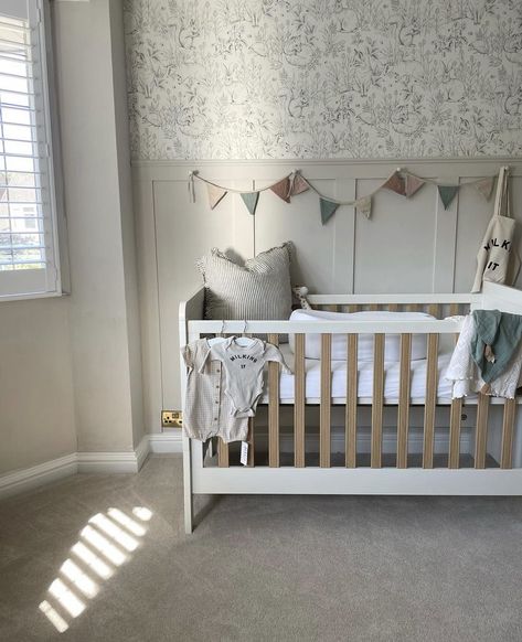 Tongue And Groove Nursery, Neutral Nursery Panelling, Nursery Panelling And Wallpaper, Sloped Ceiling Nursery, Panelled Nursery, Nursery Panelling, Beadboard Nursery, Nursery Colours, Nursery Decor Wallpaper