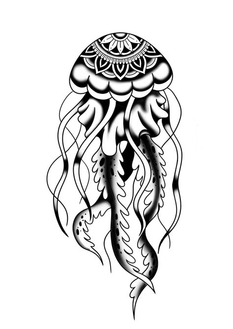 American Traditional Jellyfish, Traditional Jellyfish Tattoo, Trad Tattoo Design, Old School Flash Tattoo, Jellyfish Tattoo Design, Traditional Tattoo Black And White, Inca Tattoo, Optical Illusion Tattoo, Beginner Tattoos