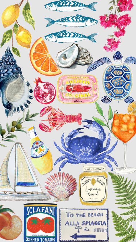 Italian summer 🌺🦞🐟🍋🍊🍅 Funky Wallpaper, Summer Illustration, Foto Baby, Collage Poster, Art Wallpaper Iphone, Italian Summer, Art Collage Wall, Summer Wallpaper, Pottery Painting