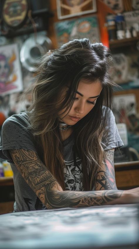 Tattooed young woman reading in creative space, full sleeve tattoos, unique decorations, hushed concentration Full Tattooed Women, Tattooed Professional Women, Tattooed Woman Models, Women Full Sleeve Tattoo, Fully Tattooed Women, Tattooed Girl Aesthetic, Tattoo Model Photography, Tatooed Woman, Tattoo Girl Aesthetic