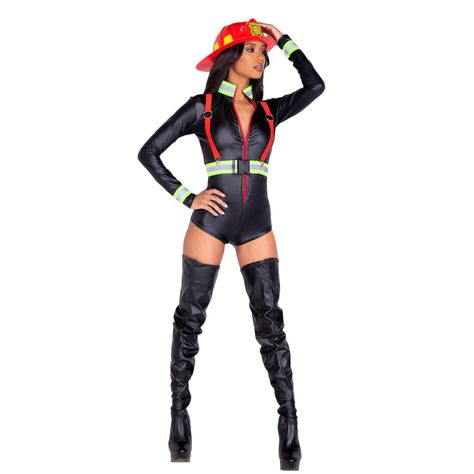 Roma 5020 3pc Hot Fire Woman Halloween Costume You'll Be Bringing The Smoke In This Hot Firewoman Costume. This Look Features A Matte Black Romper With Short Shorts, Long Sleeves, And A Zip-Up Design So You Don’t Overheat During Rescues. Reflective Safety Trim Around The Waist And Wrists Gives This Costume An Authentic Emergency Worker Feel, While Also Cinching The Waistline. Red Suspender Harness And Firefighter Hard Hat Are Included To Complete This Look. Includes Zip-Up Romper, Harness, & Hat Firewoman Costume, Firefighter Couple Costume, Firefighter Costume Women, Firefighter Halloween, Fire Woman, Halloween Rave, Lilly Pulitzer Outfits, Firefighter Costume, Red Suspenders